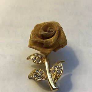 Gold Rose Fabric Flower Brooch with Crystal Leaves